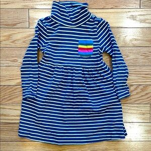 Mini Boden Striped Blue and White Turtleneck Dress with rainbow pocket size 5-6Y